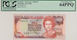 Bermuda, 100 Dollars, 1989, UNC,p39a, Low serial number
PCGS 64 PPQ
Serial Number: B/1 000117
Estimate: 350 - 700 USD