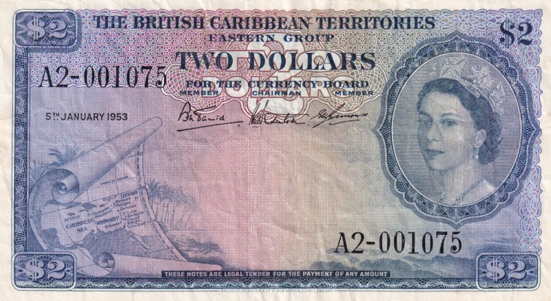 British Caribbean Territories, 2 Dollars, 1953, VF,p8a

Serial Number: A2 0010...