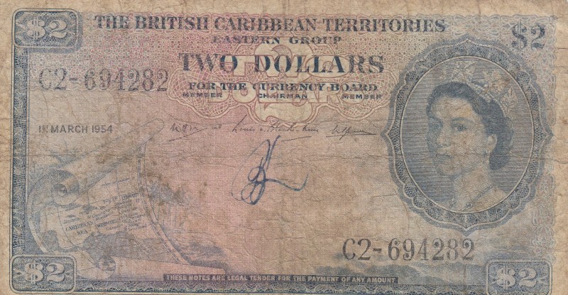 British Caribbean Territories, 2 Dollars, 1954, POOR,p8b
rare date
Serial Numb...