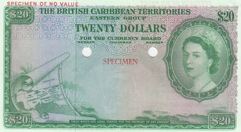 British Caribbean Territories, 20 Dollars, 1953, UNC,p11cts, COLOR TRİAL SPECİME...