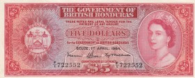 British Honduras, 5 Dollars, 1964, UNC,p30b

Serial Number: F/1 722552
Estimate: 750 - 1500 USD