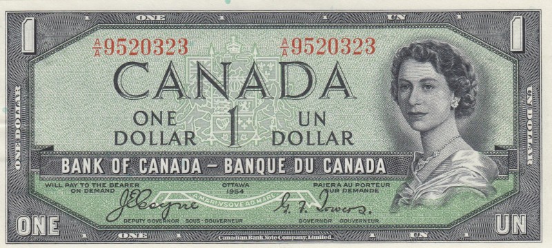 Canada, 1 Dollar, 1954, UNC,p66a, DEVIL FACE
Sign: Coyne-Towers
Serial Number:...