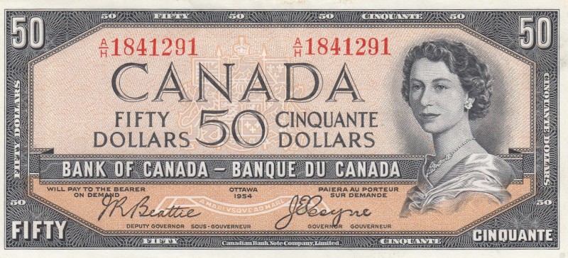 Canada, 50 Dollars, 1954, AUNC,p71b, DEVIL FACE
Sign: Beattie-Coyne
Serial Num...