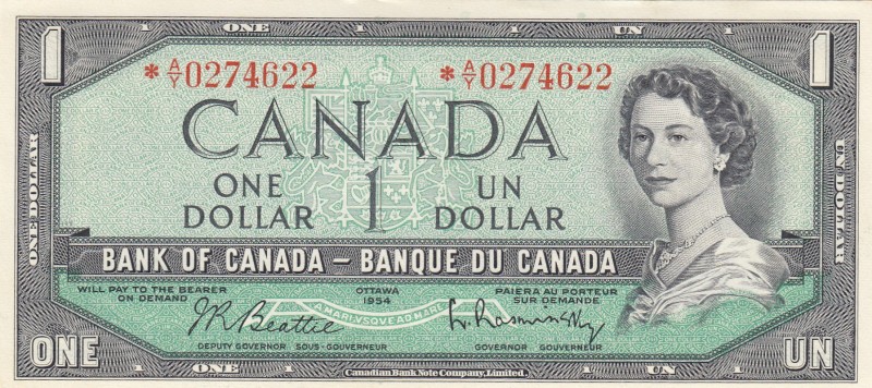 Canada, 1 Dollar, 1954, UNC,p74b, REPLACEMENT
Sign: Beattie-Rasminsky
Serial N...