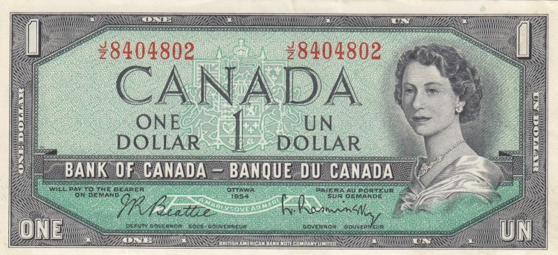 Canada, 1 Dollar, 1954, XF,p75b
Portrait of Queen Elizabeth II
Serial Number: ...