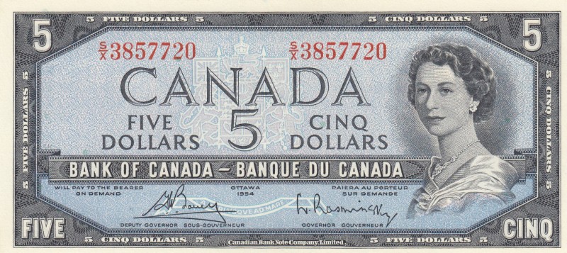 Canada, 5 Dollars, 1954, UNC,p77c
Sing: Bouey-Rasminsky
Serial Number: S/X 385...