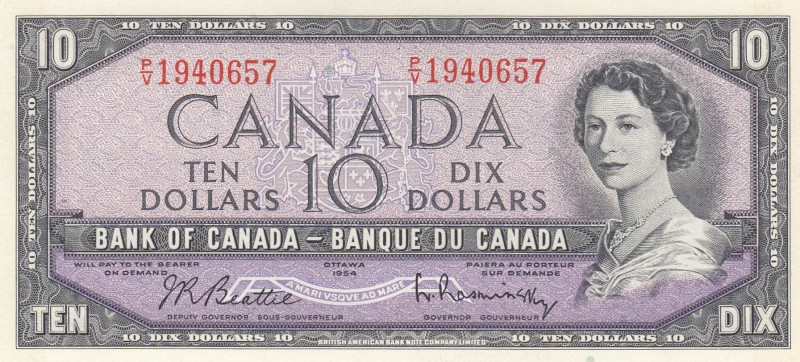 Canada, 10 Dollars, 1954, UNC,p79b
Sign: Beattie-Rasminsky
Serial Number: P/V ...