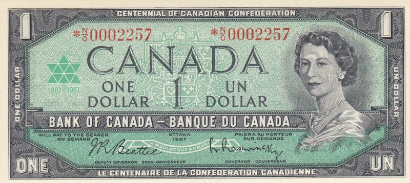 Canada, 1 Dollar, 1967, UNC,p84b, REPLACEMENT

Serial Number: *N/O 0002257
Es...