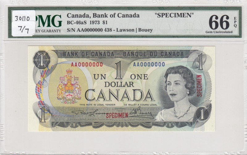 Canada, 1 Dollar, 1973, UNC,p85a, SPECİMEN
PMG 66 EPQ
Serial Number: AA 000000...