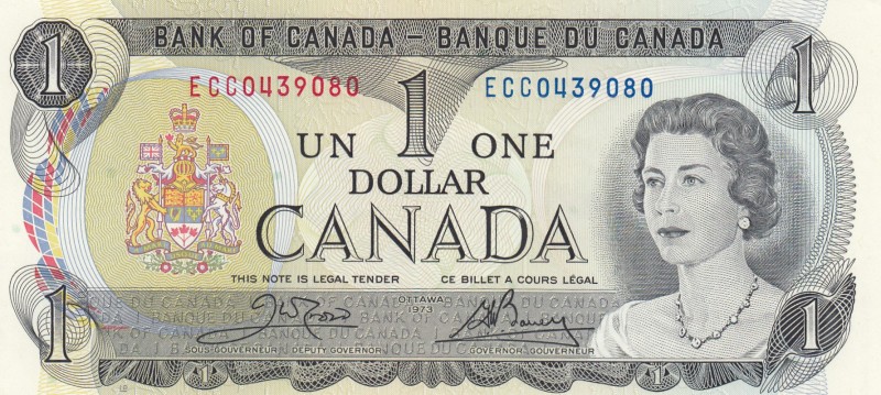 Canada, 1 Dollar, 1973, UNC,p85c
Sign: Crow –Bouey
Serial Number: ECC 0439080...