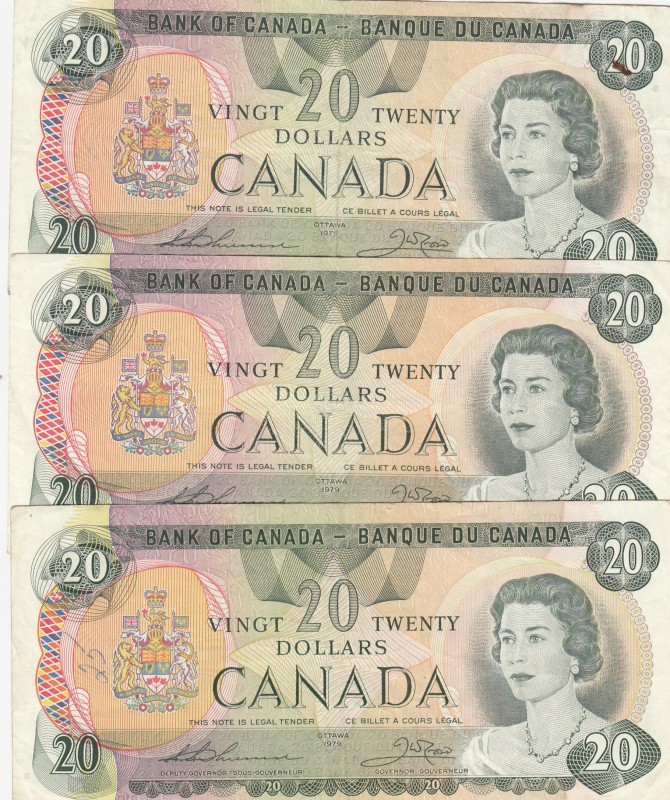 Canada, 20 Dollars, 1979, VF,p93c, (Total 3 banknotes)
Portrait of Queen Elizab...