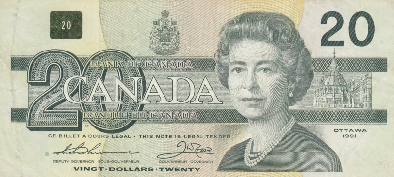 Canada, 20 Dollars, 1991, VF,p97a
Queen II.Elizabeth potrait
Serial Number: EI...