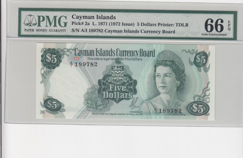 Cayman Islands, 5 Dollars, 1971, UNC,p2a
PMG 66 EPQ, Portrait of Queen Elizabet...