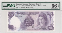 Cayman Islands, 40 Dollars, 1974, UNC,p9a
PMG 66 EPQ, Portrait of Queen Elizabeth II
Serial Number: A/1 021226
Estimate: 300 - 600 USD