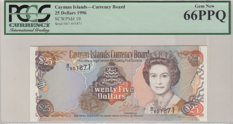 Cayman Islands, 25 Dollars, 1996, UNC,p19
PCGS 66 PPQ
Serial Number: B/I 60187...