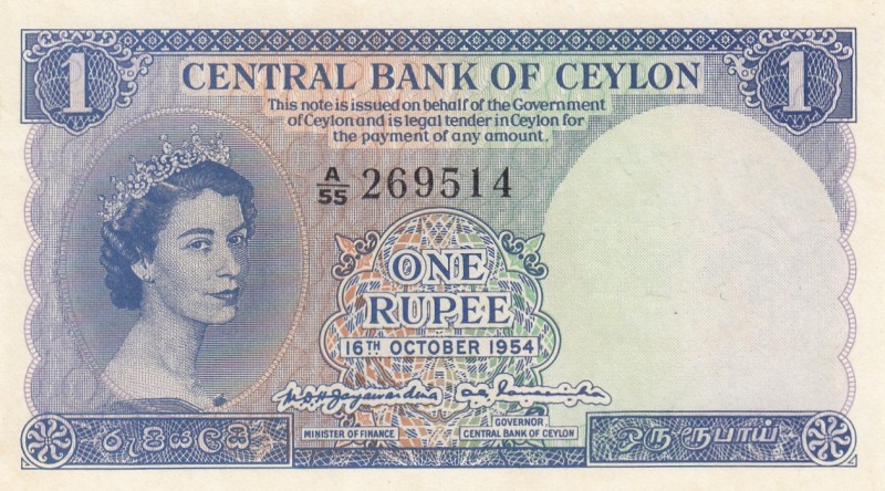 Ceylon, 1 Rupee, 1954, UNC,p49b

Serial Number: A/55 269514
Estimate: 150 - 3...