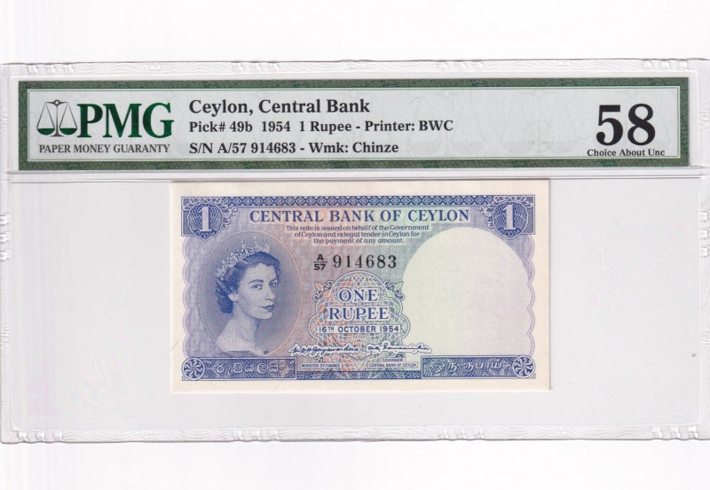 Ceylon, 1 Rupee, 1954, AUNC,p49b
PMG 58
Serial Number: A/57 914683
Estimate: ...