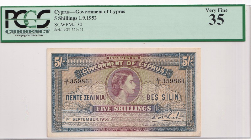 Cyprus, 5 Shillings, 1952, VF,p30as
PCGS 35
Serial Number: G/1 359861
Estimat...