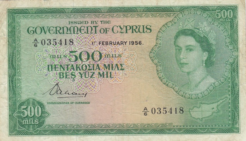 Cyprus, 500 Mils, 1956, VF,p34a

Serial Number: A/6 035418
Estimate: 500 - 10...