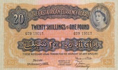 East Africa, 20 Shillings, 1955, UNC,p35a

Serial Number: G79 19013
Estimate: 750 - 1500 USD
