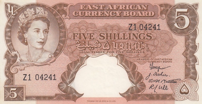 East Africa, 5 Shillings, 1958, XF,p37

Serial Number: Z1 04241
Estimate: 80 ...