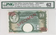 East Africa, 10 Shillings, 1958-1960, UNC,p38s
PMG 62, SPECIMEN, Portrait of Queen Elizabeth II
Serial Number: A 00000
Estimate: 350 - 700 USD