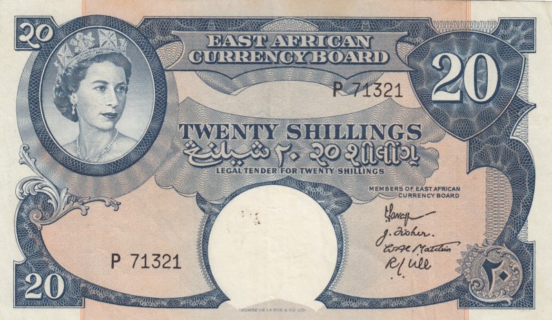 East Africa, 20 Shillings, 1958, VF (+),p39

Serial Number: P 71321
Estimate:...