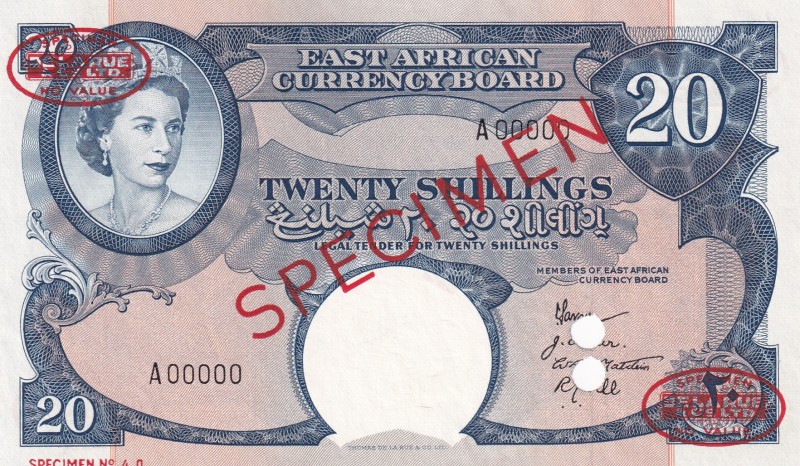 East Africa, 20 Shillings, 1958, UNC,p39s, SPECİMEN

Serial Number: A 000000
...