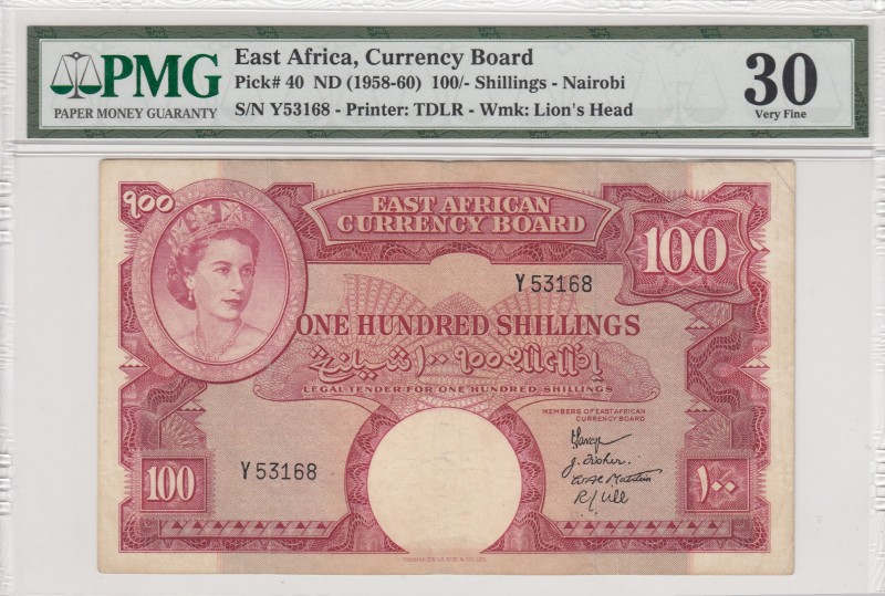 East Africa, 100 Shillings, 1958-60, VF,p40
PMG 30
Serial Number: Y53168
Esti...