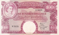 East Africa, 100 Shillings, 1958, AUNC,p40a

Serial Number: V 78235
Estimate: 500 - 1000 USD