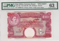 East Africa, 100 Shillings, 1958-1960, UNC,p40s
PMG 63, SPECİMEN, Portrait of Queen Elizabeth II
Serial Number: A 00000
Estimate: 300 - 600 USD