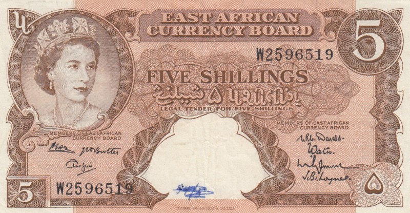 East Africa, 5 Shillings, 1962, VF (+),p41b

Serial Number: W25 96519
Estimat...