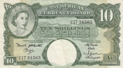 East Africa, 10 Shillings, 1961, VF,p42a
Portrait of Queen Elizabeth II
Serial Number: C17 315565
Estimate: 60 - 120 USD
