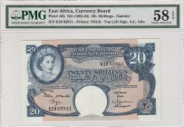 East Africa, 20 Shillings, 1962-1963, AUNC,p43b
PMG 58 EPQ, Portrait of Queen Elizabeth II
Serial Number: K28 62811
Estimate: 200 - 400 USD