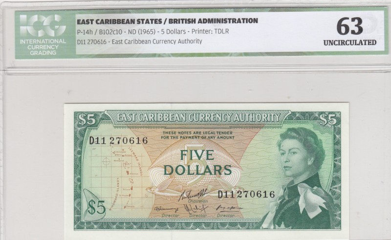 East Caribbean States, 5 Dollars, 1965, UNC,p14h
ICG 63, Portrait of Queen Eliz...