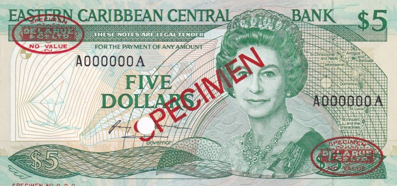 East Caribbean States, 5 Dollars, 1985, UNC,p18as, SPECİMEN

Serial Number: A ...