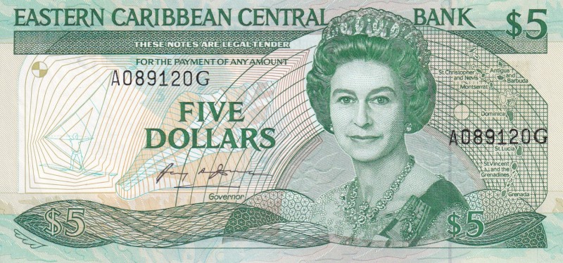 East Caribbean States, 5 Dollars, 1985, UNC,p18g

Serial Number: A 089120G
Es...