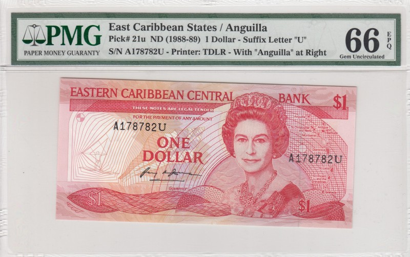 East Caribbean States, 1 Dollars, 1988/1989, UNC,p21u
PMG 66 EPQ, Portrait of Q...