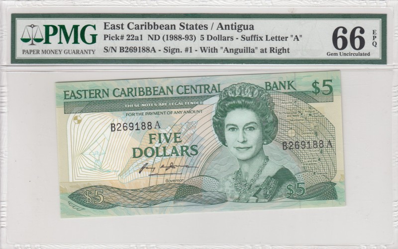 East Caribbean States, 5 Dollars, 1988-1993, UNC,p22a1
PMG 66 EPQ, Antigua, Por...