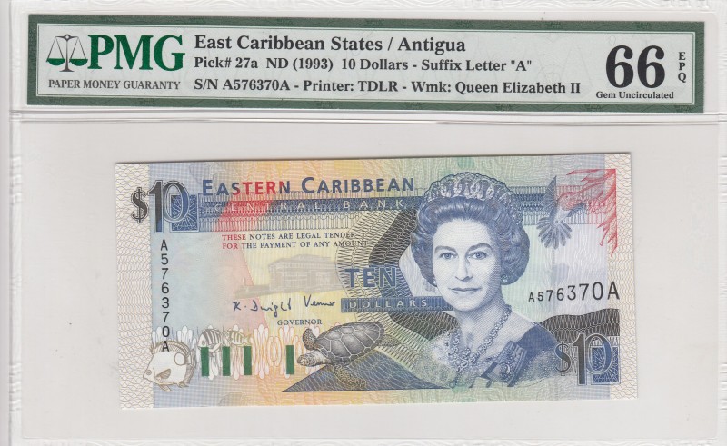 East Caribbean States, 10 Dollars, 1993, UNC,p27a
PMG 66 EPQ, Antigua 
Serial ...