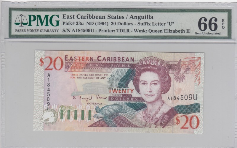 East Caribbean States, 20 Dollars, 1994, UNC,p33u
PMG 66 EPQ, Anguilla Island
...