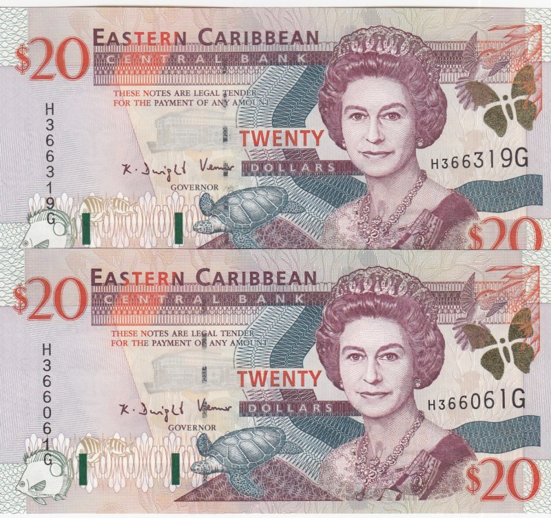 East Caribbean States, 20 Dollars, 2000, UNC,p39g, (Total 2 banknotes)
Portrait...