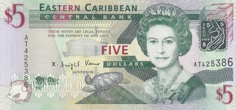 East Caribbean States, 5 Dollars, 2008, UNC,p47a
Portrait of Queen Elizabeth II...