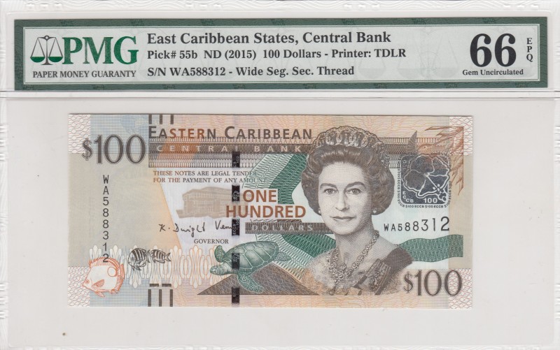 East Caribbean States, 100 Dollars, 2015, UNC,p55b
PMG 66 EPQ
Serial Number: W...