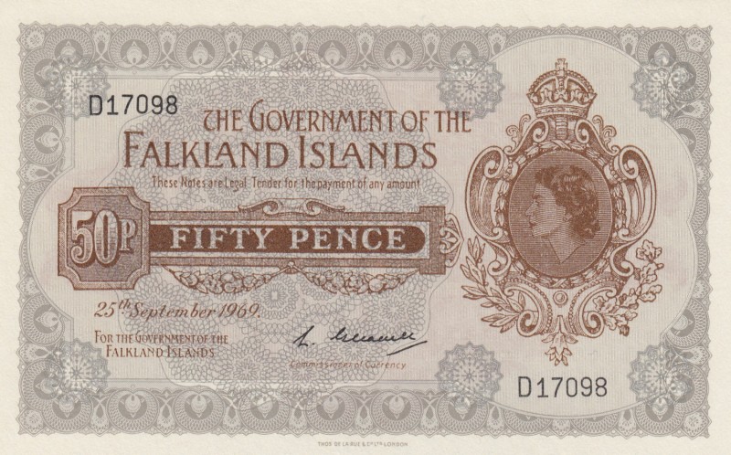 Falkland Islands, 50 Pence, 1969, UNC,p10a
Queen II.Elizabeth potrait
Serial N...