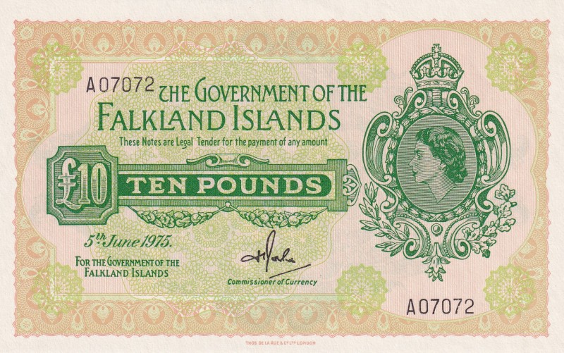 Falkland Islands, 10 Pounds, 1975, UNC,p11a

Serial Number: A 07072
Estimate:...