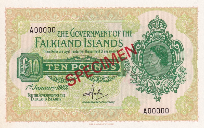 Falkland Islands, 10 Pounds, 1982, UNC,p11bs, SPECİMEN

Serial Number: A 00000...