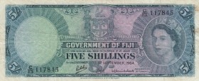 Fiji, 5 Shillings, 1964, FINE,p51d
Portrait of Queen Elizabeth II, There are stain.
Serial Number: C/13 117845
Estimate: 40 - 80 USD
