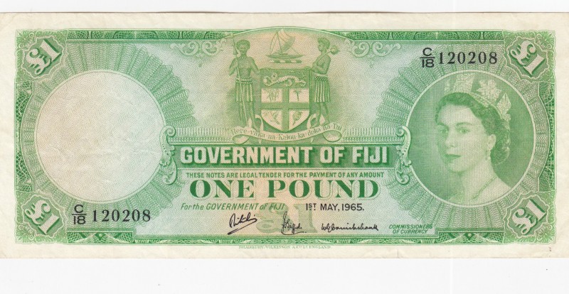 Fiji, 1 Pound, 1965, VF,p53h
Portrait of Queen Elizabeth II
Serial Number: C/1...