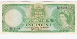 Fiji, 1 Pound, 1965, VF,p53h
Portrait of Queen Elizabeth II
Serial Number: C/18 120208
Estimate: 65 - 130 USD